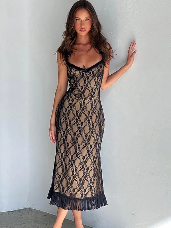 Blue Zone Planet | Lace Detailed Chest Bow Sling Maxi Dress Fashionable High-Low Maxi Dress Blue Zone Planet | Lace Detailed Chest Bow Sling Maxi Dress Fashionable High-Low Maxi Dress