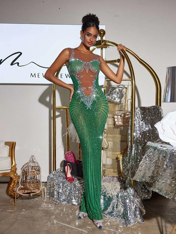 Brody Printed Rhinestone Split Maxi Dress In Green Comfortable Maxi Dress with Sleeves