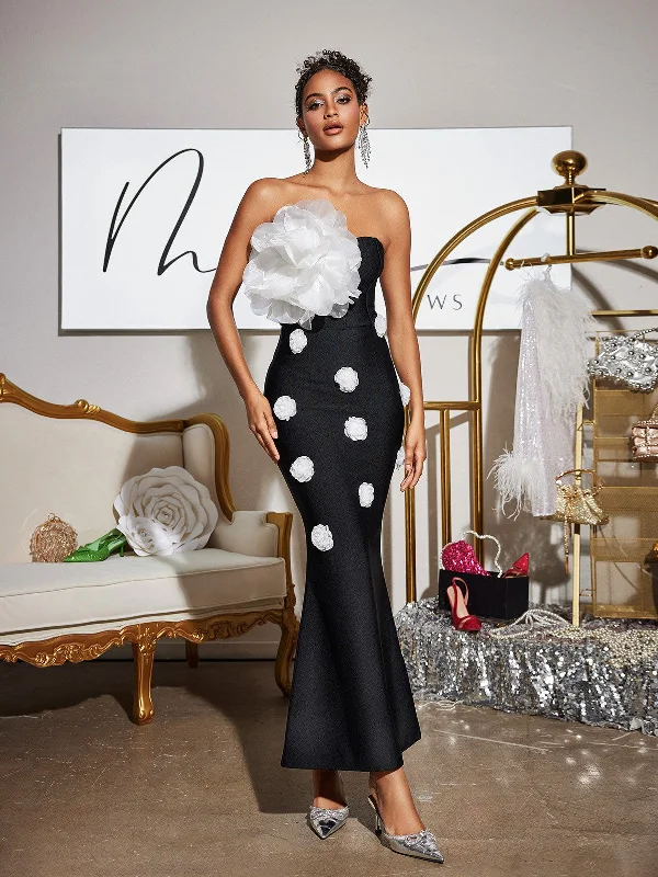 Burr Strapless Flower Bandage Maxi Dress Cozy Open-Back Maxi Dress