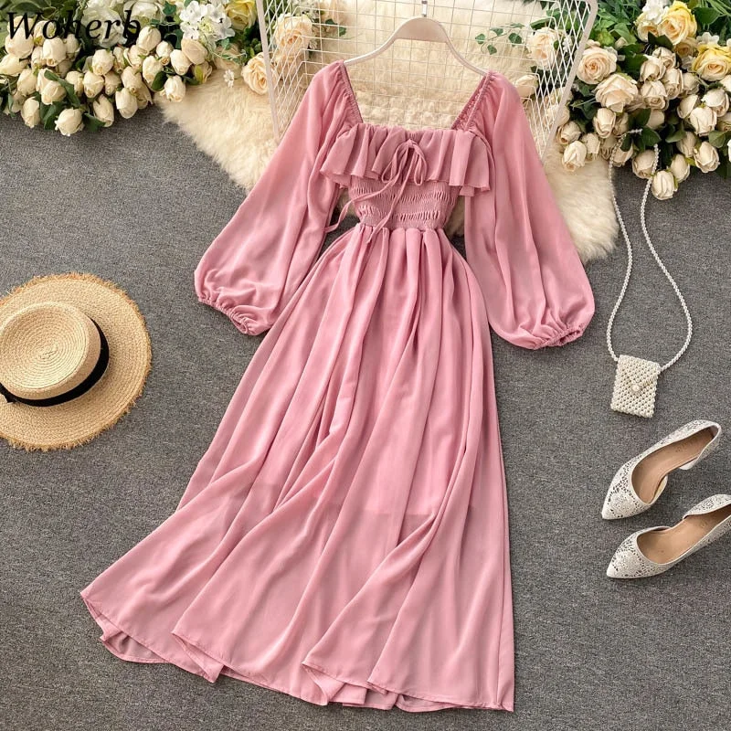 Chic Elegant Square Collar Maxi Dress Women Solid Chiffon Puff Sleeve Dresses 2022 Korean Vintage Ruffle Vestidos Trendy A-Line Maxi Dress Chic Elegant Square Collar Maxi Dress Women Solid Chiffon Puff Sleeve Dresses 2022 Korean Vintage Ruffle Vestidos Trendy A-Line Maxi Dress