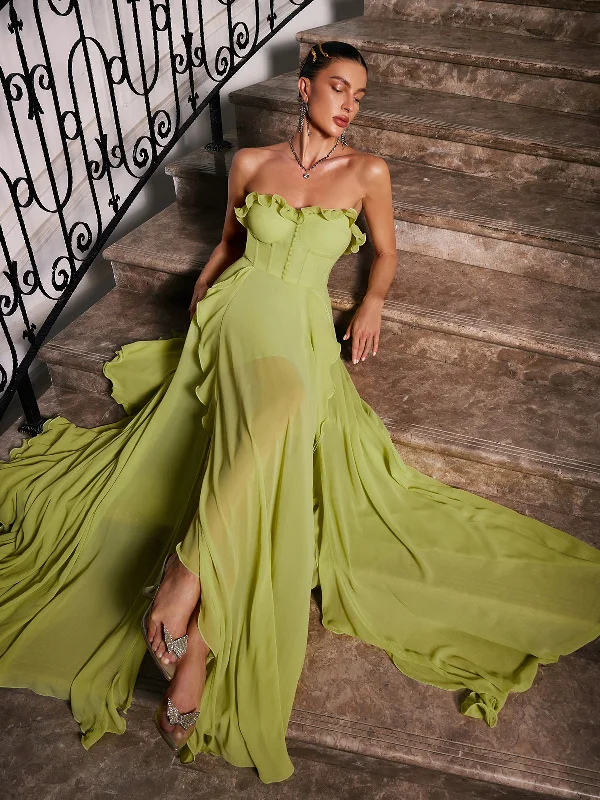 Craven Strapless Ruched Mesh Maxi Dress Fashionable Off-Shoulder Maxi Dress
