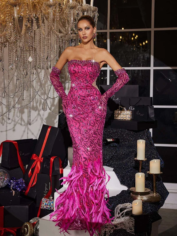 Diemen Feather Trimmed Sequin Maxi Dress With Gloves Fashionable Sheer Maxi Dress