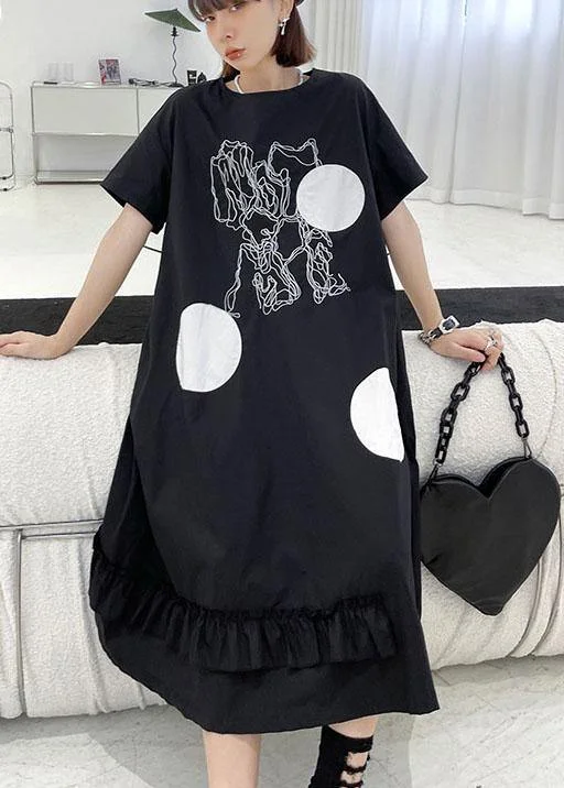 DIY Black O Neck Print Maxi Dress Short Sleeve Stylish Maxi Dress with Frills