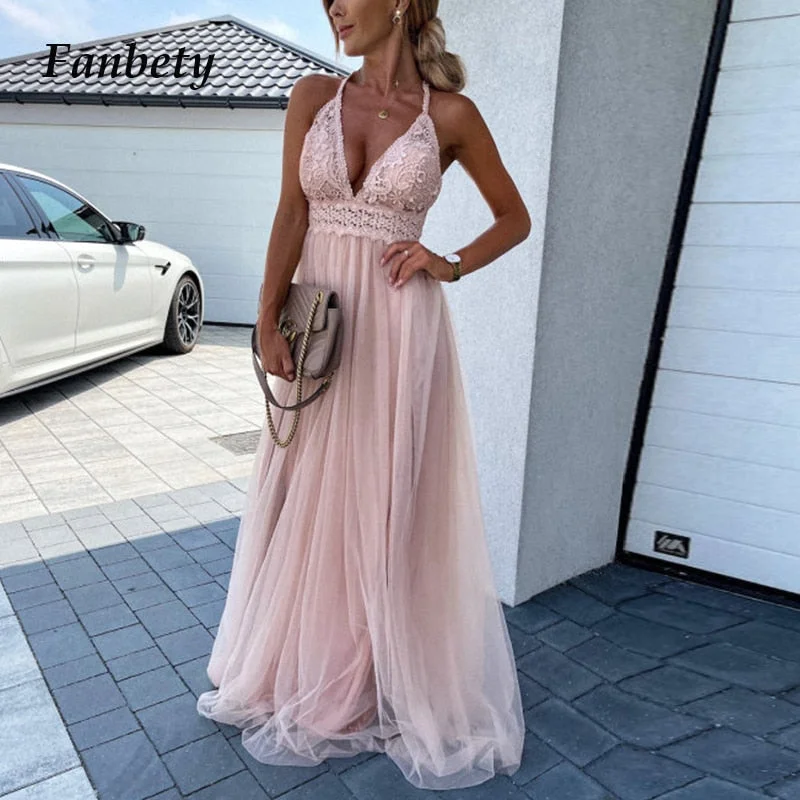 Elegant Chic Solid Party Maxi Dress Women Sexy Deep V-Neck Lace Patchwork Mesh Long Dresses Ladies Backless Cross Dress Comfortable Fit-and-Flare Maxi Dress Elegant Chic Solid Party Maxi Dress Women Sexy Deep V-Neck Lace Patchwork Mesh Long Dresses Ladies Backless Cross Dress Comfortable Fit-and-Flare Maxi Dress