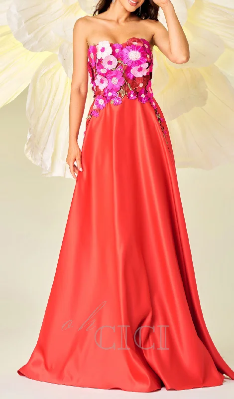 Embroidered Floral Strapless A-line maxi Dress in red Chic Summer Floral Maxi Dress