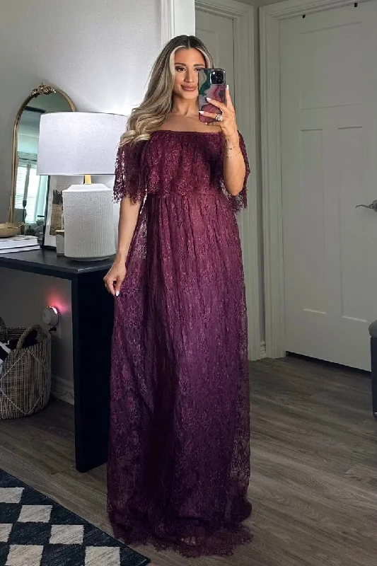 Enchanted to Meet You Lace Maxi Dress: Burgundy Stylish Pleated A-Line Maxi Dress