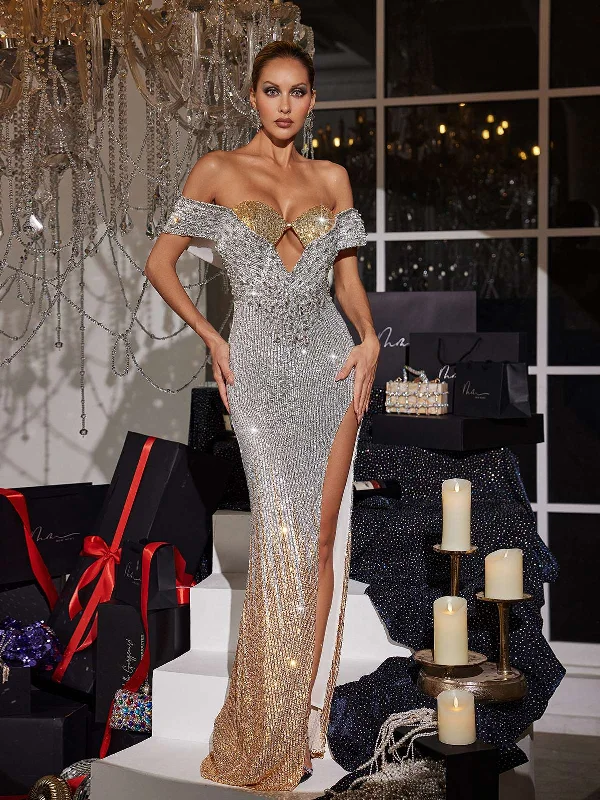 Fawon Off Shoulder Cutout Sequin Maxi Dress Chic Off-Shoulder Maxi Dress