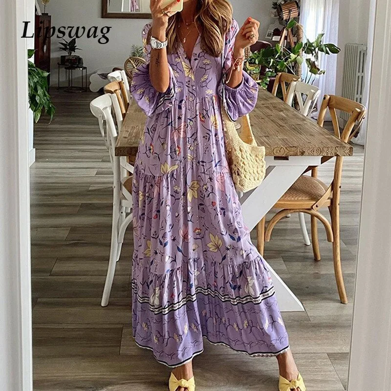 Floral Print Long Dress Spring Party  V Neck Lantern Sleeve Maxi Dresses Vintage Autumn Long Sleeve Loose Boho Women Dresses Fashionable Sleeveless Maxi Dress