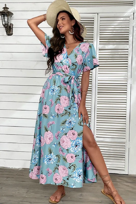 Floral Tie-Waist Slit Surplice Maxi Dress Cozy Longline Maxi Dress