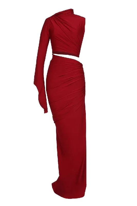 GAIA CHERRY RED CUT-OUT DRAPED MAXI DRESS Elegant Lace-Up Maxi Dress