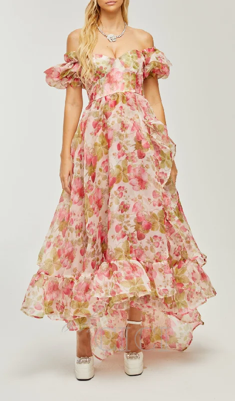 FRUIT-PRINT RUFFLED MAXI DRESS IN PINK Chic Button-Up Maxi Dress