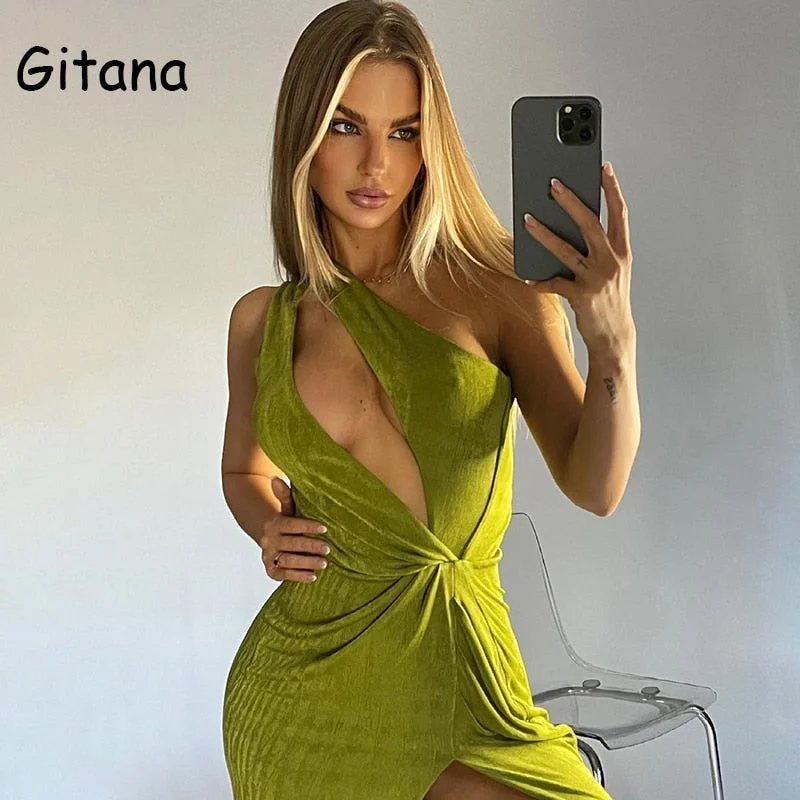 Gitana 2022 Sexy One Shoulder Hollow Out Maxi Dress For Women Elegant Sleeveless Backless Split Green Dresses Club Party Outfits Trendy Off-Shoulder Ruffle Maxi Dress