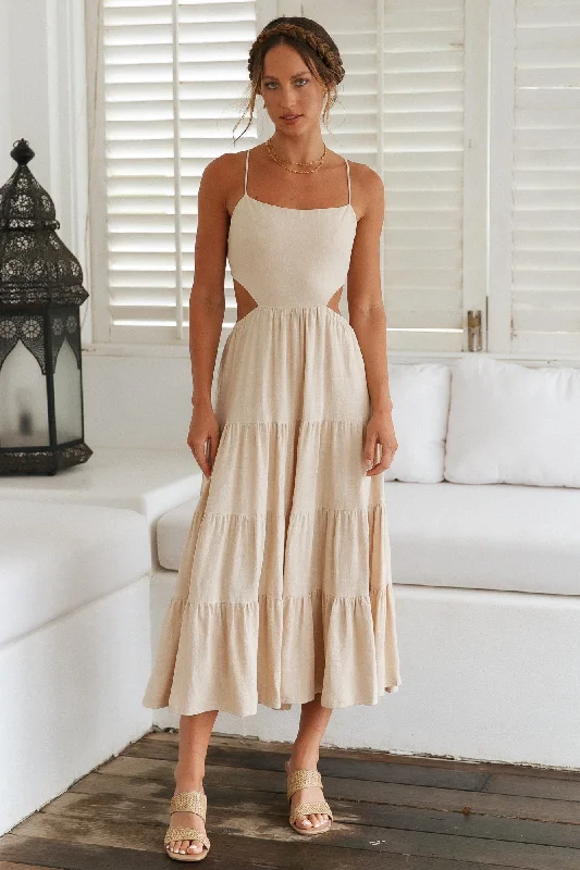 Got The Sun Maxi Dress Beige Fashionable Maxi Dress with Fringe