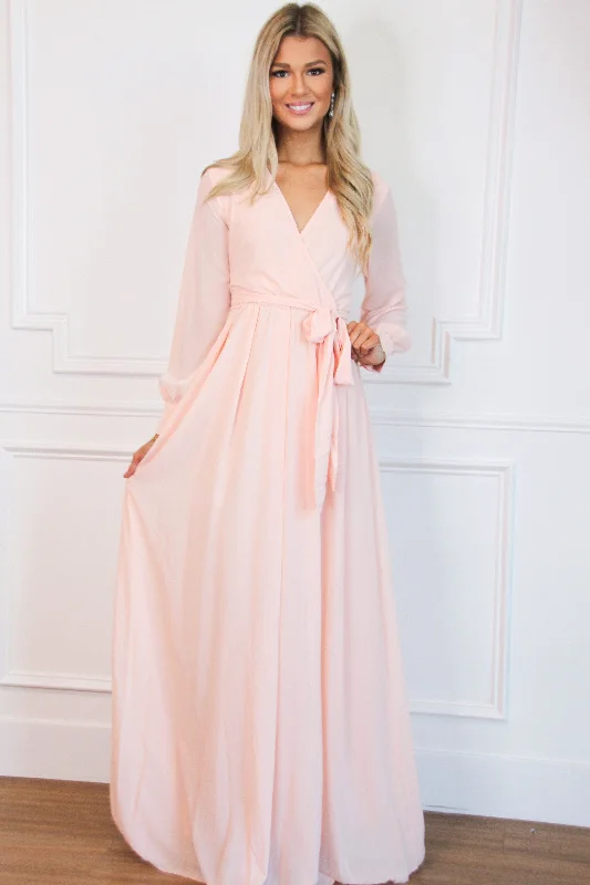 Just a Dream Long Sleeve Maxi Dress: Blush Stylish Maxi Dress with Pleats