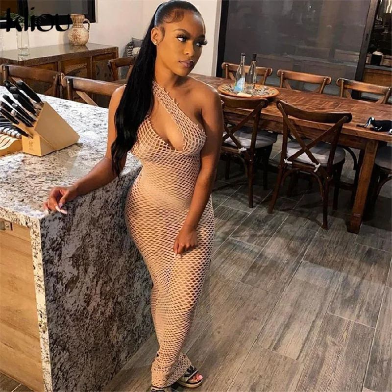 Kliou Grid Inclined Shoulder Maxi Dress Sexy See Through Women Sleeveless Backless Strap Female Clubwear Apparel Cozy Open-Back Maxi Dress Kliou Grid Inclined Shoulder Maxi Dress Sexy See Through Women Sleeveless Backless Strap Female Clubwear Apparel Cozy Open-Back Maxi Dress