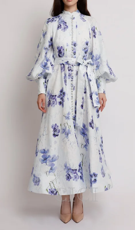 lantern sleeve floral print maxi dress in blue Comfortable Pleated Maxi Dress