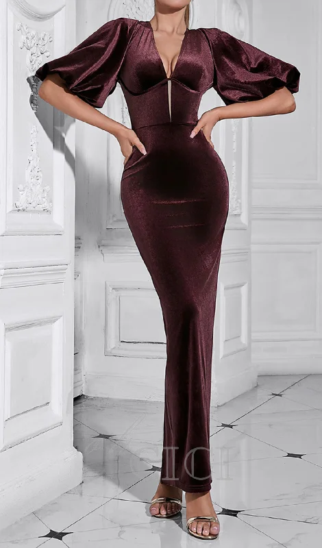 lantern sleeve velvet maxi dress in burgundy Classic V-Neck Maxi Dress