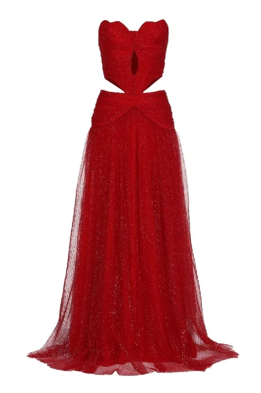 LEONIE SCARLET RED STRAPLESS CUT-OUT MAXI DRESS Elegant Velvet Maxi Dress