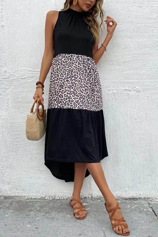 Leopard Contrast Sleeveless Maxi Dress Comfortable Satin Maxi Dress
