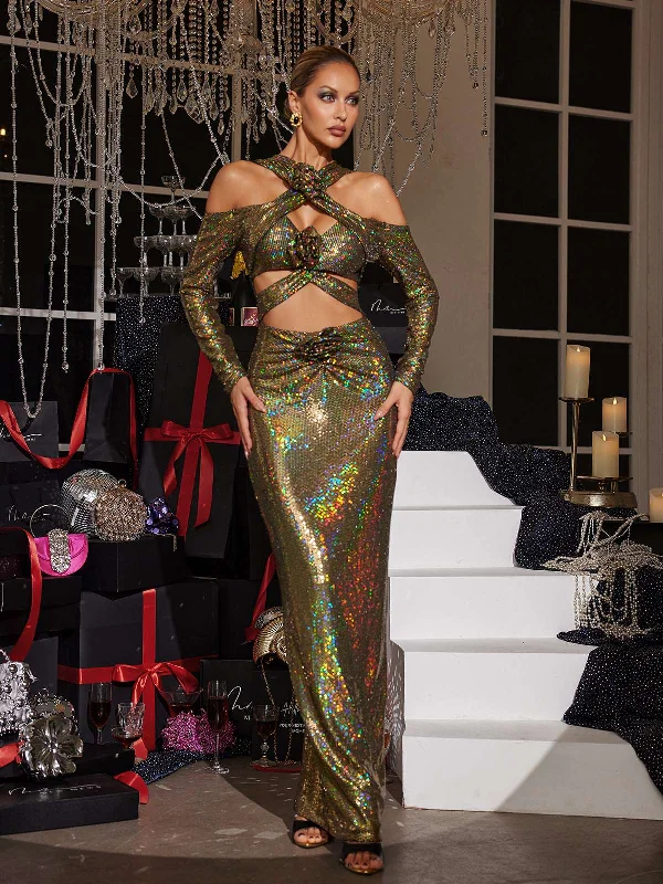 Lowen Flower Cutout Sequin Maxi Dress In Olive Stylish One-Shoulder Maxi Dress