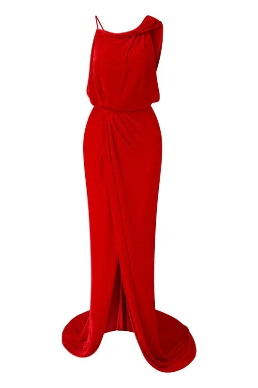 LUIA RED DRAPED MAXI DRESS Comfortable Maxi Dress with Sleeves