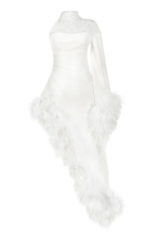 LUXURY FEATHER-TRIM CREPE MAXI DRESS Comfortable Bohemian Maxi Dress