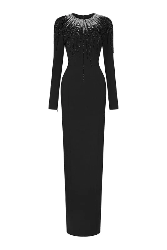 MARTHA BEADED ROUND-NECK MAXI DRESS Comfortable Maxi Dress with Sleeves