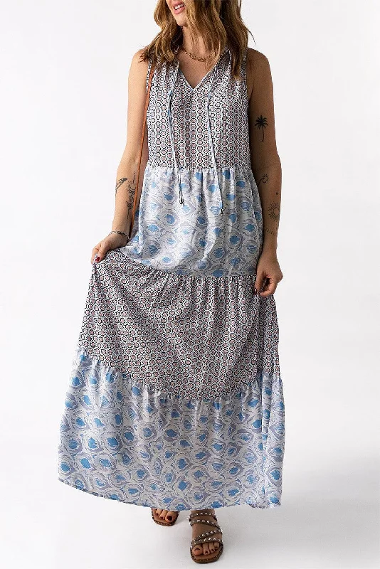 Mixed Print Tie-Neck Sleeveless Maxi Dress Cozy Ruffle Sleeve Maxi Dress
