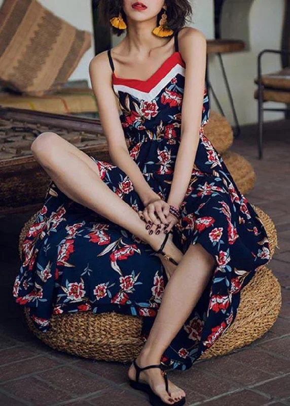 Modern Navy Print Backless Cotton  Maxi Dresses Chic Boho Print Maxi Dress