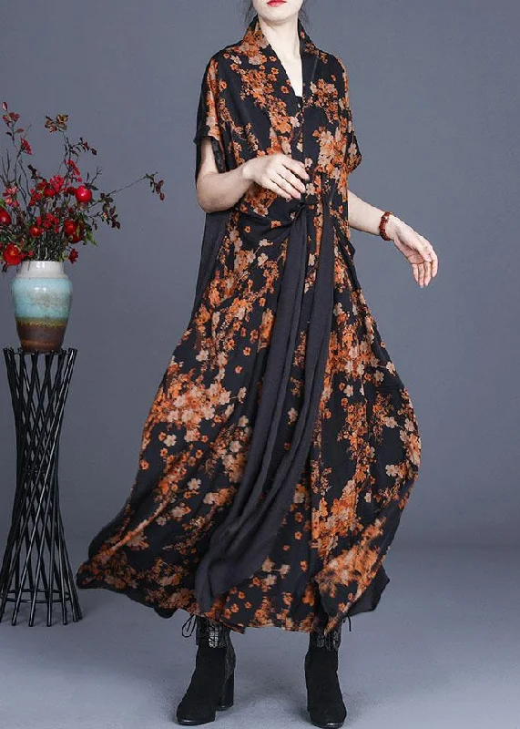 Natural Black Print Patchwork Silk Summer Maxi Dress Elegant Maxi Dress with Belt