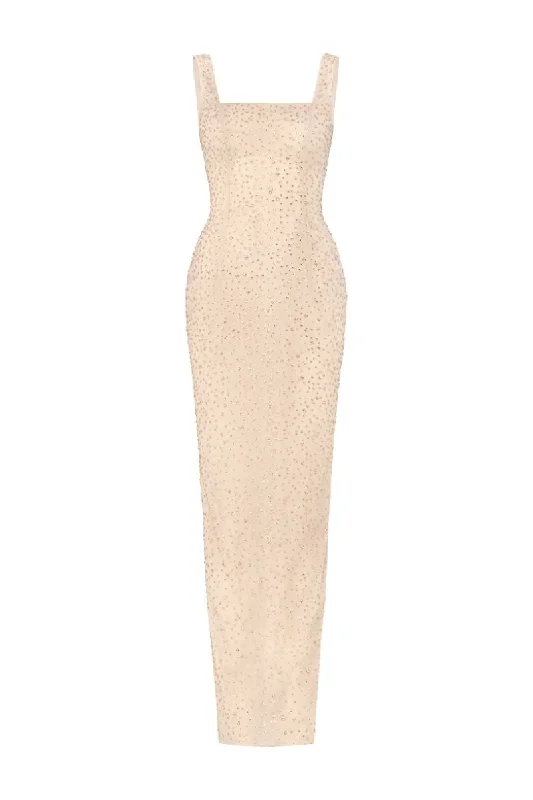 NUDY SQUARE NECK CRYSTAL BEADED MAXI DRESS Comfortable Long-Sleeve Maxi Dress