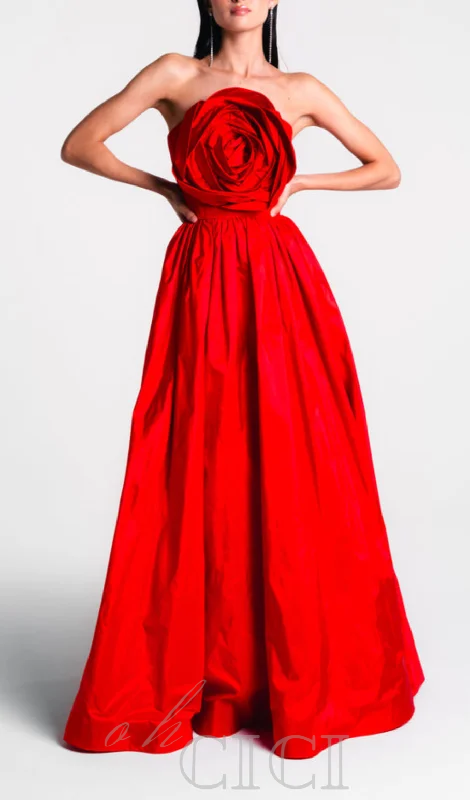 OFF-SHOULDER 3D FLOWER CHIFFON MAXI DRESS IN RED Fashionable Button-Down Maxi Dress