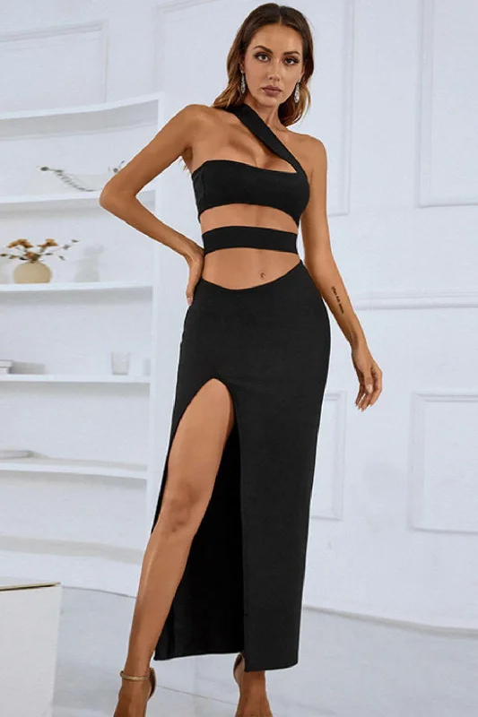 One-Shoulder Cutout Front Split Maxi Dress Trendy Fit-and-Flare Maxi Dress