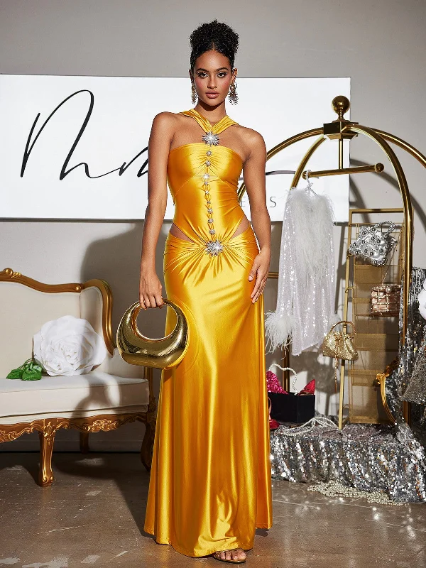 Panya Crystal Cutout Satin Maxi Dress Comfortable Fitted Maxi Dress