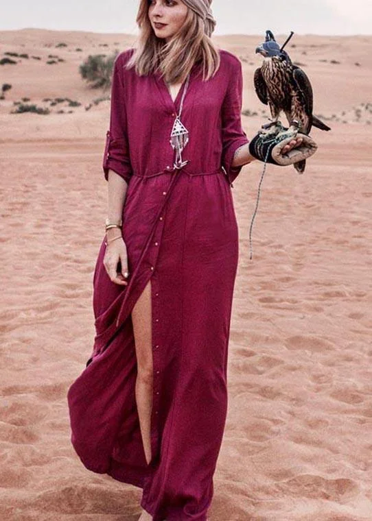 Plus Size Mulberry Floral Button Beach Gown Maxi Dresses Fashionable Asymmetrical Maxi Dress