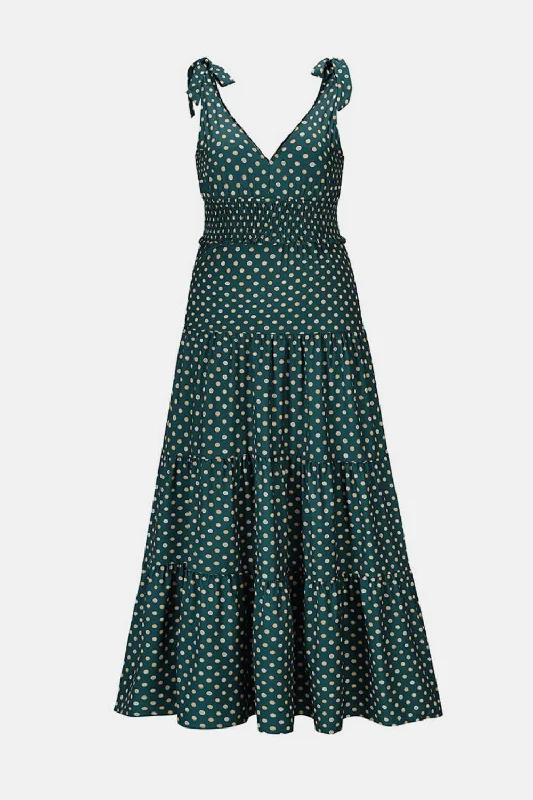 Polka Dot Tie-Shoulder Tiered Maxi Dress Trendy Satin Maxi Dress
