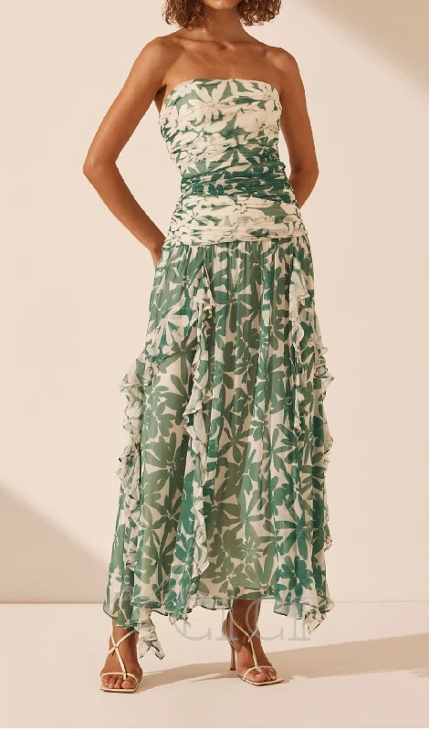 PRINT STRAPLESS CONTRAST MAXI DRESS IN GREEN Stylish V-Neck Maxi Dress