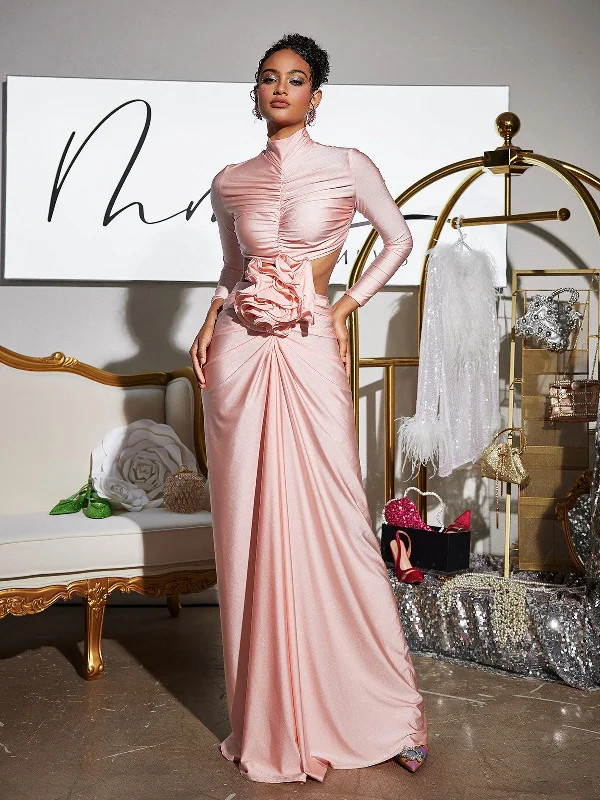 Renwick Long Sleeve Flower Cutout Maxi Dress In Pink Trendy Floral Print Maxi Dress