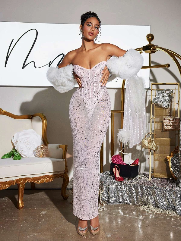 Roanya Strapless Rhinestone Corset Maxi Dress Fashionable Maxi Dress with Fringe
