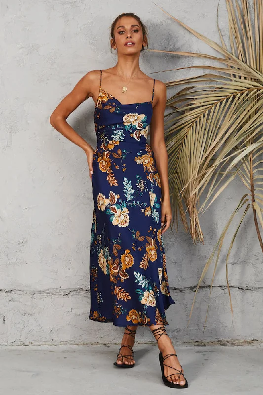 Round The World Maxi Dress Navy Cozy Ruffle Sleeve Maxi Dress