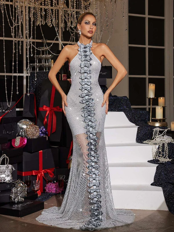 Scorpio Halterneck Bow Crystal Maxi Dress Cozy Spaghetti Strap Maxi Dress
