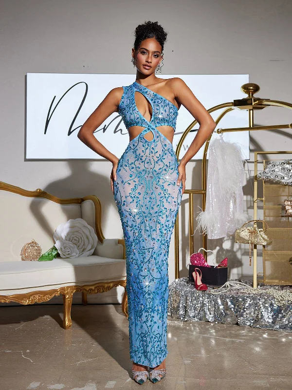Shalow One Shoulder Cutout Rhinestone Maxi Dress Elegant Tiered Maxi Dress