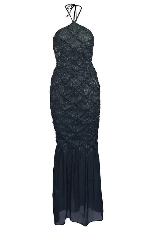 SOFIA BLACK HALTER NECK SHIBORI FITTED MAXI DRESS Fashionable Faux Wrap Maxi Dress