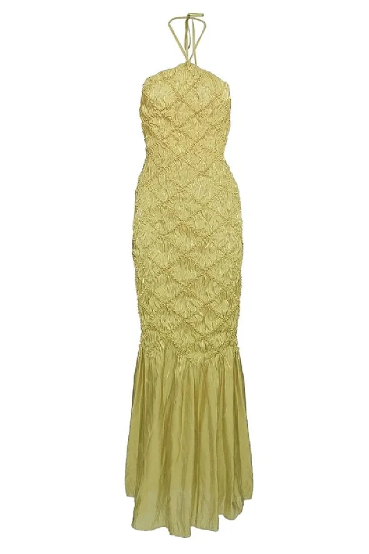 SOFIA YELLOW HALTER NECK SHIBORI MAXI DRESS Trendy Maxi Dress with Bow