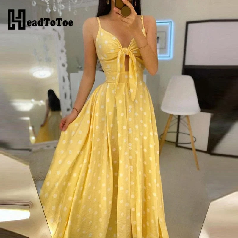 Spaghetti Strap Polkadot Print Knotted Design Maxi Dress Women Summer Dress Cozy Ruffle Sleeve Maxi Dress Spaghetti Strap Polkadot Print Knotted Design Maxi Dress Women Summer Dress Cozy Ruffle Sleeve Maxi Dress