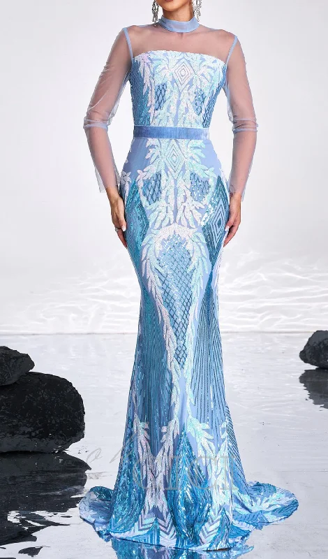 Stand Collar Mermaid maxi Dress in Light Blue Trendy Printed Maxi Dress