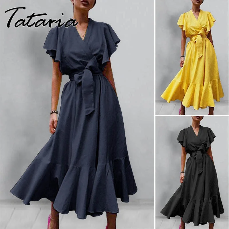 Summer Ruffle Dress Women High Waist Lace Up Ruffle Sleeve V-neck Maxi Dresses for Women Mid-length Female Yellow Dress Classic V-Neck Maxi Dress Summer Ruffle Dress Women High Waist Lace Up Ruffle Sleeve V-neck Maxi Dresses for Women Mid-length Female Yellow Dress Classic V-Neck Maxi Dress