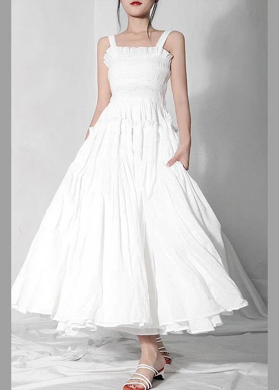Summer Trendy White Cinched RuffledCotton Maxi Dresses Trendy Floral Print Maxi Dress