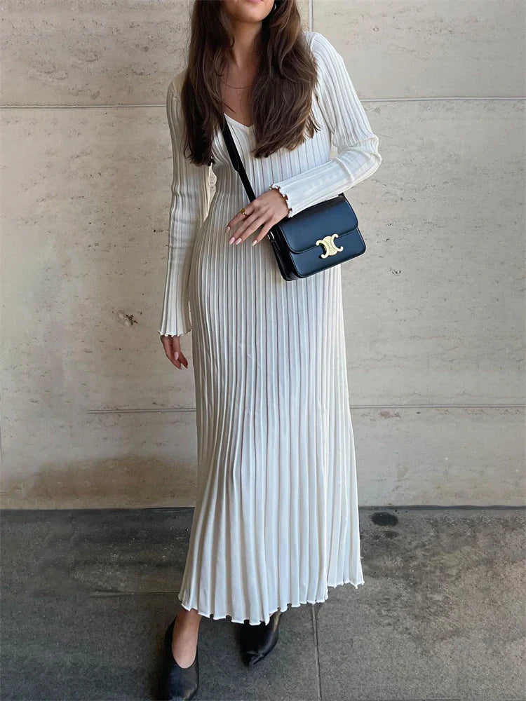 Autumn New V-Neck Knit Maxi Dress Women Ribbed Elegant Long Sleeve Streetwear High Waist Pleated Dresses Ladies Knitwear Stylish Longline Maxi Dress Autumn New V-Neck Knit Maxi Dress Women Ribbed Elegant Long Sleeve Streetwear High Waist Pleated Dresses Ladies Knitwear Stylish Longline Maxi Dress