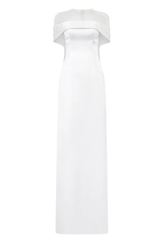 VIRGINIA WHITE SILK SATIN PEARL MAXI DRESS Cozy Ribbed Maxi Dress